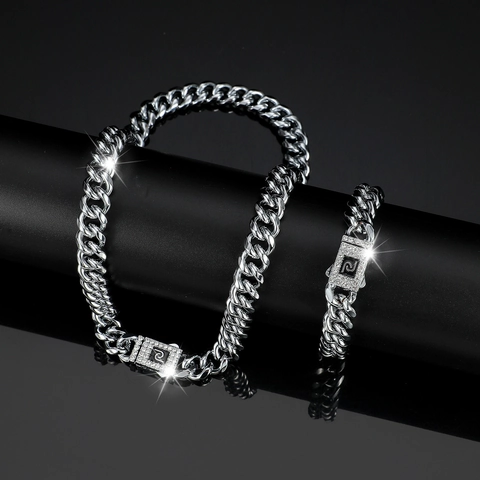 Collana a Maglia Cubana Hip Hop e Bracciale Combinazione Lega di Zinco Ghiacciata Catena di Strass Uomo Donna Gioielli Punk Regalo