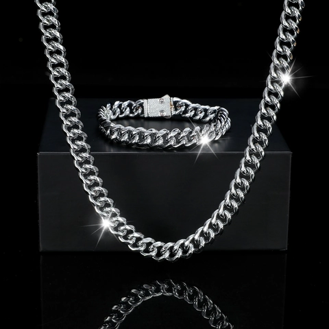 Collana a Maglia Cubana Hip Hop e Bracciale Combinazione Lega di Zinco Ghiacciata Catena di Strass Uomo Donna Gioielli Punk Regalo