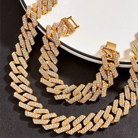 Hip-Hop Iced Out Vergoldete Zinklegierung Strass Panzerkette Halskette Und Armband Für Damen Herren Schmuck Kollektion