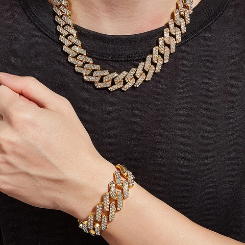 Hip-Hop Iced Out Vergoldete Zinklegierung Strass Panzerkette Halskette Und Armband Für Damen Herren Schmuck Kollektion