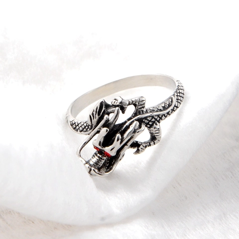 Vintage Stainless Steel Dragon Ring With Red Rhinestone Eyes Punk Hiphop Gothic Dragon Head Scale Finger Ring Unisex Jewelry