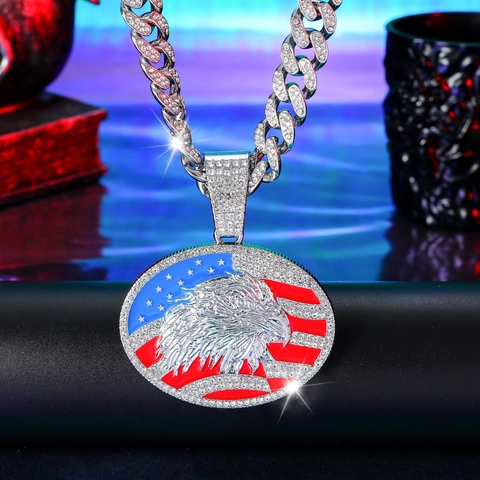 Hip Hop Iced Out American Flag Eagle Pendant Necklace For Men Women Zinc Alloy Rhinestone Cuban Link Chain Jewelry Gift