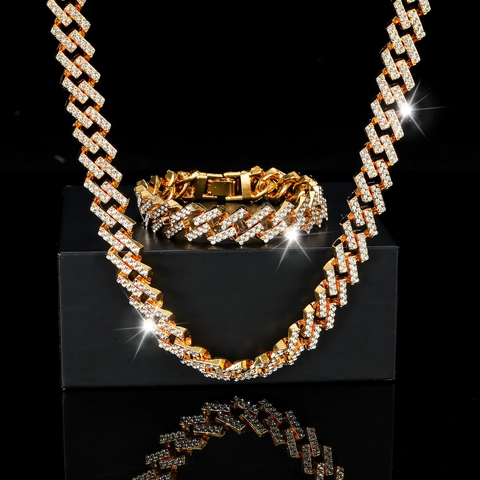 Set di Collana e Bracciale a Maglia Cubana Hip Hop Con Strass per Uomo Donna Rombo Geometrico in Lega di Zinco Placcato