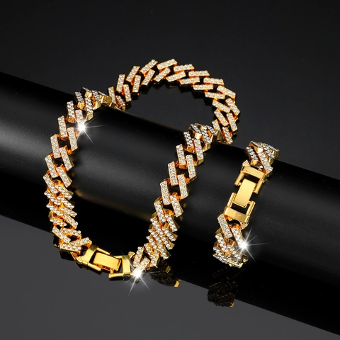 Set di Collana e Bracciale a Maglia Cubana Hip Hop Con Strass per Uomo Donna Rombo Geometrico in Lega di Zinco Placcato