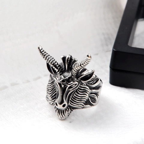 Retro Stainless Steel Baphomet Goat Head Ring Vintage Distressed Pentagram Punk Gothic Jewelry Unisex Party Fashion Band