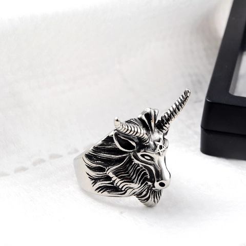 Retro Stainless Steel Baphomet Goat Head Ring Vintage Distressed Pentagram Punk Gothic Jewelry Unisex Party Fashion Band