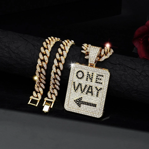Collar con Colgante de Letra One Way de Aleación de Zinc Hip Hop con Diamantes de Imitación Iced Out Cadena Cubana Joyería para Hombre Mujer Accesorio de Fiesta
