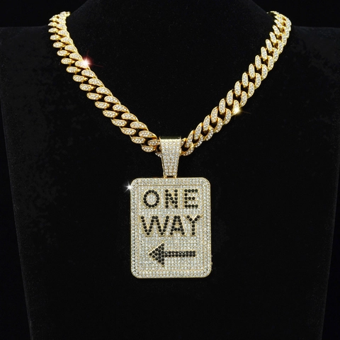 Collar con Colgante de Letra One Way de Aleación de Zinc Hip Hop con Diamantes de Imitación Iced Out Cadena Cubana Joyería para Hombre Mujer Accesorio de Fiesta