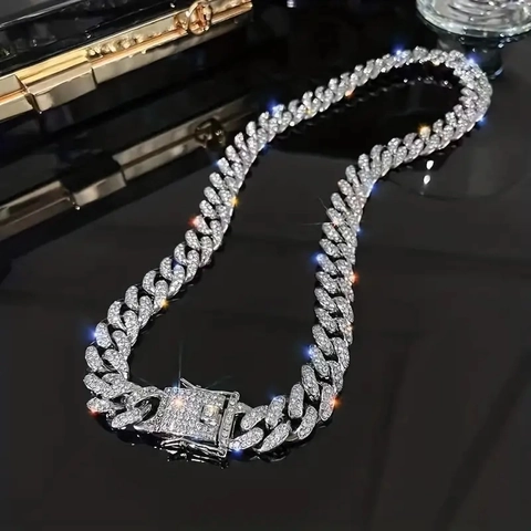 Collana Bracciale a Maglia Cubana Hip Hop Iced Out in Lega di Zinco con Strass Gioielli alla Moda Donna Uomo