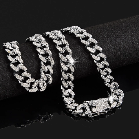 Collana Bracciale a Maglia Cubana Hip Hop Iced Out in Lega di Zinco con Strass Gioielli alla Moda Donna Uomo