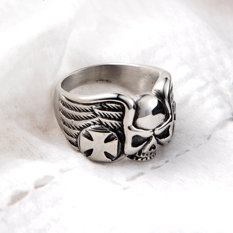 Anillo Punk Gótico de Acero Inoxidable de Calavera Ala Cruz Anillo Vintage Biker para Hombre Mujer Hip Hop Club Fiesta Joyería Regalo