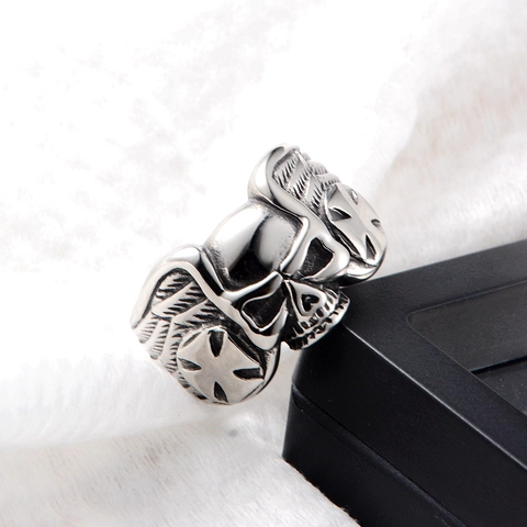 Anillo Punk Gótico de Acero Inoxidable de Calavera Ala Cruz Anillo Vintage Biker para Hombre Mujer Hip Hop Club Fiesta Joyería Regalo