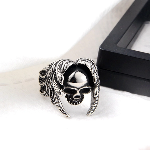 Vintage Stainless Steel Skull Ring With Feather Wing Design Gothic Punk Hip Hop Biker Finger Ring For Men Jewelry Gift