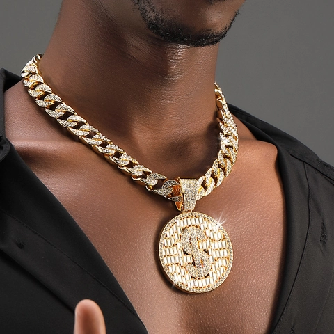 Collana con Pendente Segno del Dollaro Iced Out Hip Hop Lega Bling Strass Catena Cubana Gioielli per Uomo Donna