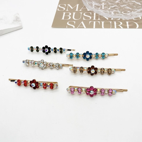 Vintage Legierung Bunte Strass Blume Haarklammer Glänzende Seitenpony Haarspange Für Damen Täglich Party Haarschmuck Kopfschmuck