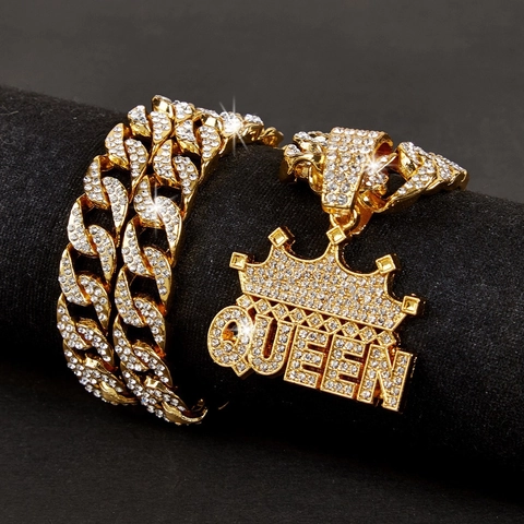 Hip Hop Queen Crown Letter Pendant Necklace For Women Luxury Rhinestone Inlaid Alloy Cuban Chain Bling Jewelry Accessories Gift