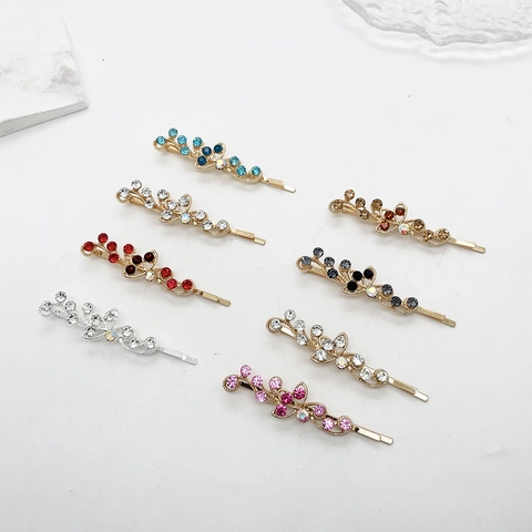 Korean Style Colorful Rhinestone Flower Branch Bobby Pin Alloy Electroplated Hair Clip Elegant Side Hair Pin For Women