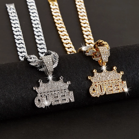 Hip Hop Queen Crown Letter Pendant Necklace For Women Luxury Rhinestone Inlaid Alloy Cuban Chain Bling Jewelry Accessories Gift
