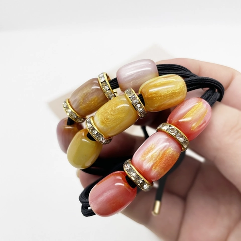 Elegantes Gomas de Pelo Alta Elasticidad Cuentas Resina Mármol Strass Soporte Coleta Diademas Hechas a Mano Mujer Vintage Joyería