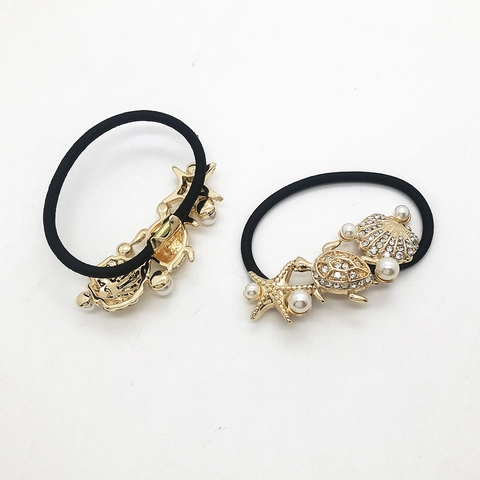 Gouden Legering Oceaan Thema Haarelastiekjes Zeester Zeeschildpad Schelp Decoratieve Strass Imitatieparel Elastische Haaraccessoires Dames Strand