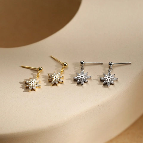 Orecchini a Bottone a Fiocco di Neve in Rame Placcato Oro Con Perno in Argento Sterling 925 Eleganti Orecchini Geometrici per Donna