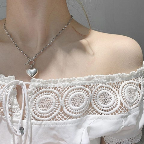 Vintage Copper Heart Pendant Toggle Clasp Necklace For Women Silver Plated OT Buckle Choker Minimalist Jewelry Gift