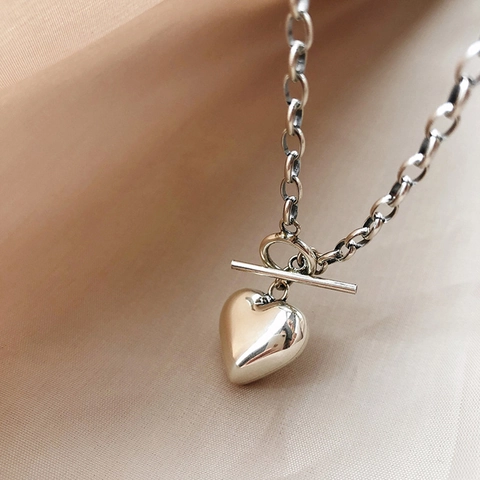 Vintage Copper Heart Pendant Toggle Clasp Necklace For Women Silver Plated OT Buckle Choker Minimalist Jewelry Gift