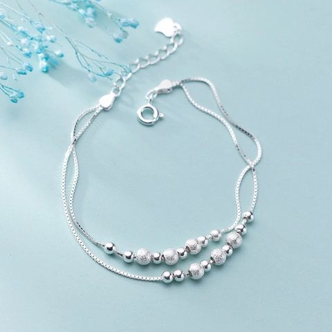 Bracciale a Doppio Strato in Rame Placcato Argento con Grani Rotondi Satinati Pendente a Cuore Gioielli Regalo per Donna Stile Coreano