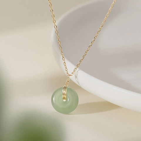 Vintage Kupfer Hetian Jade Anhänger Halskette Elegant Rund Grün Donut Schlüsselbein Kette Für Damen Schmuck Geschenk