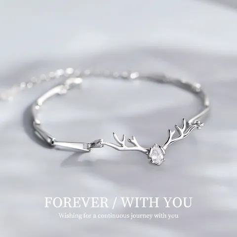 Minimalist Antler Deer Horn Bracelet For Women Platinum Plated Copper Rhinestone Inlaid Forest Style Adjustable Hand Chain Jewelry