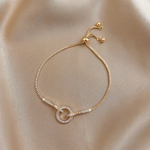 Luxurious Gold Plated Copper Paved Zirconia Circle Adjustable Slider Bracelet Elegant Box Chain Jewelry For Women