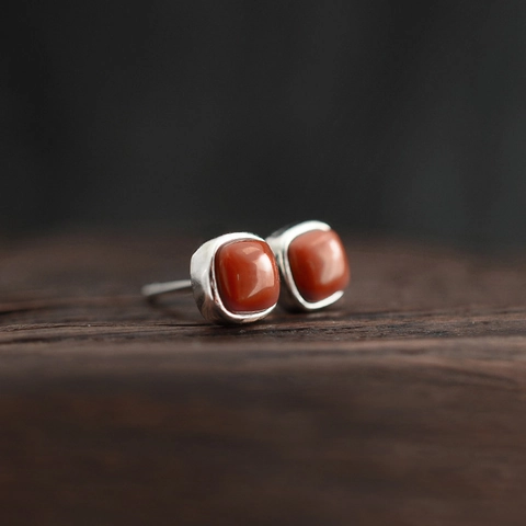 Vintage Southern Red Agate Square Stud Earrings With 925 Sterling Silver Earring Post Copper Small Minimalist Jewelry For Women
