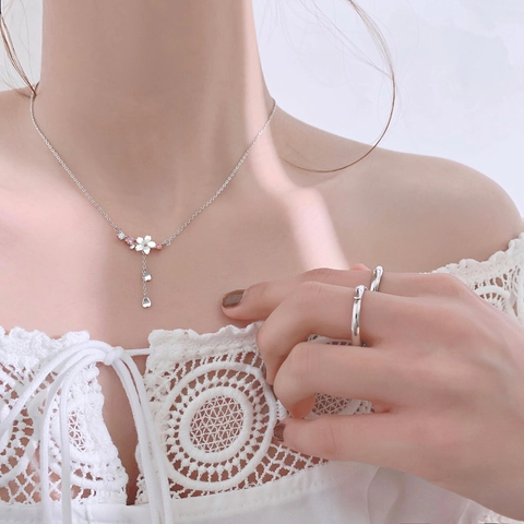 Dulce Collar de Colgante de Flor de Cerezo de Concha para Mujer Cobre Plateado Sakura Flor Diamante de Imitación Borla Joyería