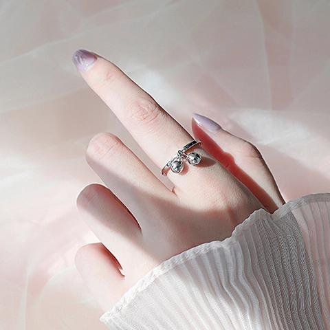 Minimalist Silver Color Copper Adjustable Open Ring For Women With Double Bell Charms Korean Style Fashion Jewelry Gift