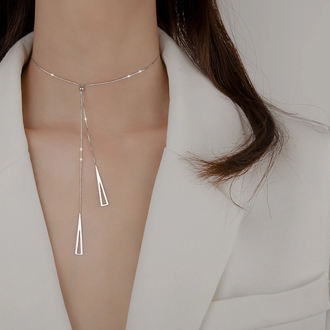 Minimalist Geometric Triangle Pull Through Necklace White Gold Plated Copper Adjustable Long Y-Shape Tassel Box Chain Jewelry For Women