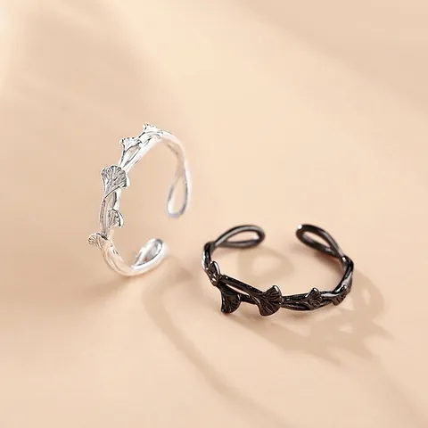Bague Ouverte Réglable Feuille de Ginkgo Vintage en Cuivre Branche de Plante Bijoux pour Femmes Bague Élégante Style Naturel