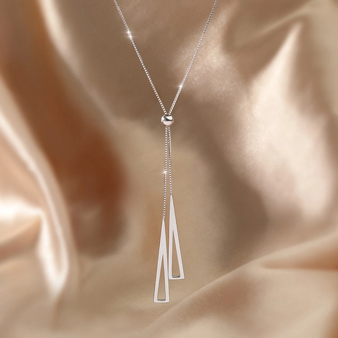 Minimalist Geometric Triangle Pull Through Necklace White Gold Plated Copper Adjustable Long Y-Shape Tassel Box Chain Jewelry For Women