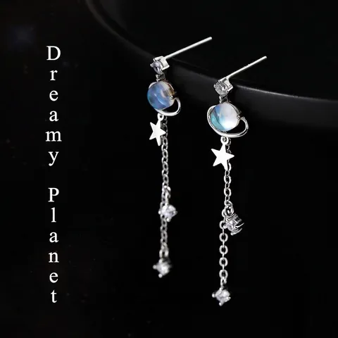 Long Tassel Planet Star Earrings For Women Copper Plated Rhinestone Artificial Glaze Bead Jewelry With 925 Silver Post
