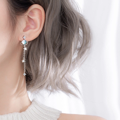 Long Tassel Planet Star Earrings For Women Copper Plated Rhinestone Artificial Glaze Bead Jewelry With 925 Silver Post