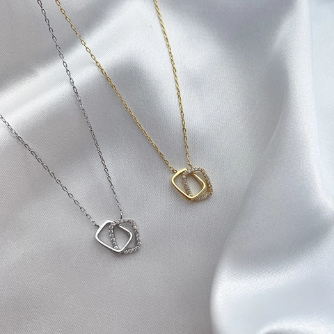 Minimalistische Koperen Ketting Met In Elkaar Grijpende Vierkante Hangers En Zirkonia Goud Zilver Clavicula Ketting Dames