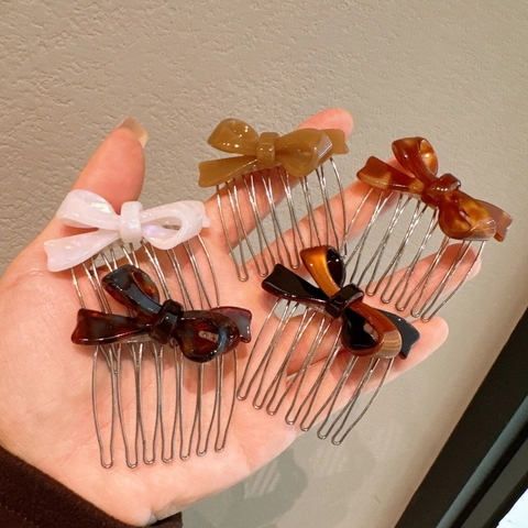 Koreaanse Stijl Strik Acetaat Insteekkam Voor Vrouwen Vintage Schildpad Patroon Metalen Haargaffel Styling Tool Elegante Haarspeld