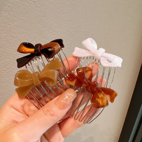 Koreaanse Stijl Strik Acetaat Insteekkam Voor Vrouwen Vintage Schildpad Patroon Metalen Haargaffel Styling Tool Elegante Haarspeld