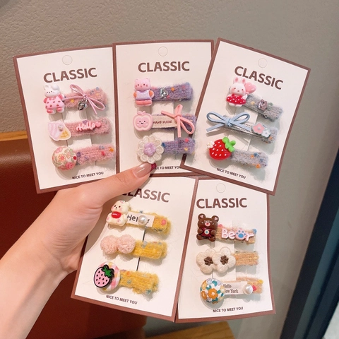 Cute Children Resin Cartoon Animal Hair Clips For Girls Handmade Embroidered Flower Plush Fabric Wrapped Duckbill Side Clips Hair Accessories