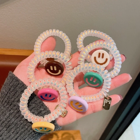 Mode Spiral Telefonkabel Haargummis Mit Smiley Gesicht Anhänger Harz Perlmutt Elastische Haarkreise Für Damen Mädchen Schmuck