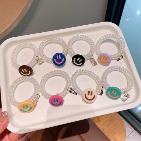 Mode Spiral Telefonkabel Haargummis Mit Smiley Gesicht Anhänger Harz Perlmutt Elastische Haarkreise Für Damen Mädchen Schmuck