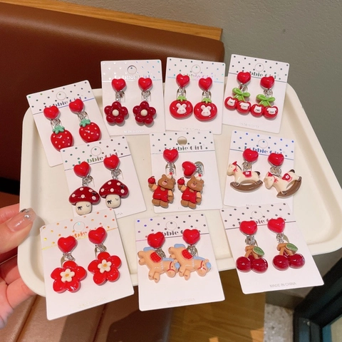 Kids Cartoon Resin Ear Clips Red Heart Shape Bear Cherry Strawberry Mushroom Rocking Horse Clip-on Earrings For Girls Jewelry