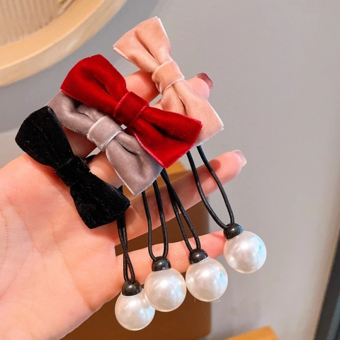 Elegant Velvet Bow Hair Tie With Large Artificial Pearl Delicate Handmade Ponytail Scrunchie For Women Girls Hair Accessories