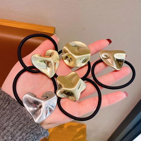 Elastici per Capelli in Metallo Geometrico Minimalista per Donna Oro Argento Martellato Cuore Stella Tondo Triangolo Supporto per Coda di Cavallo ad Alta Elasticità Accessori per Capelli Chic
