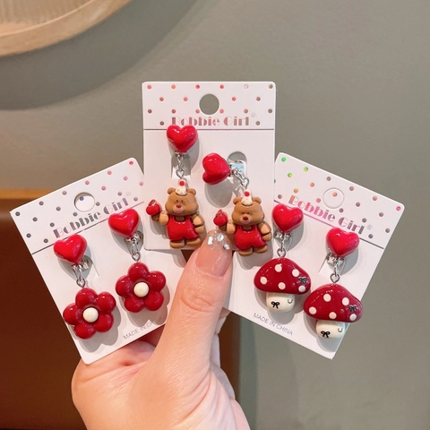 Kids Cartoon Resin Ear Clips Red Heart Shape Bear Cherry Strawberry Mushroom Rocking Horse Clip-on Earrings For Girls Jewelry