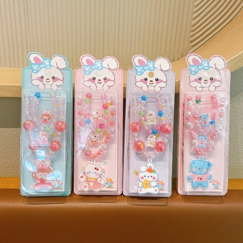 Gioielli con Perline Cartoon per Ragazze Collana Bracciale Anello Ciondoli Coniglio Orso Gatto Stile Principessa Perline Colorate Regalo